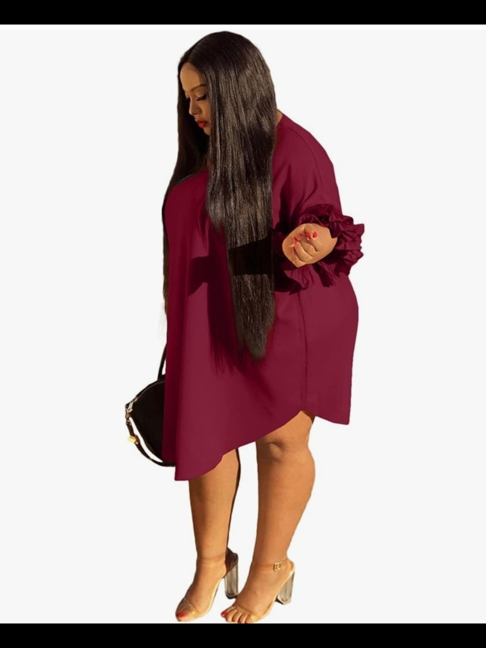Plus-Size Ruffled Sleeve Swing Dress - Wine - Picture 2 of 4